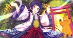  ainu_clothes amayadori_machi bangs bear black_hair blunt_bangs blush brown_eyes commentary_request hair_ribbon hakama headband japanese_clothes kumai_natsu kumamiko long_hair looking_at_viewer low_twintails miko nature open_mouth red_hakama ribbon teruru torii tree twintails 