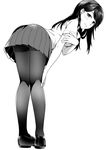  absurdres ass bent_over blush closed_mouth from_behind full_body greyscale hand_on_own_arm hand_on_own_knee highres kyuuso_inukami legs_together loafers long_hair looking_at_viewer looking_back monochrome original panties panties_under_pantyhose pantyhose pleated_skirt shoes short_sleeves simple_background skirt smile solo standing underwear upskirt white_background 