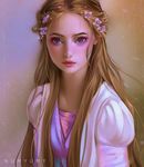  alternate_hairstyle artist_name bad_deviantart_id bad_id blonde_hair brown_background brown_eyes closed_mouth dress expressionless eyeshadow flower hair_flower hair_ornament juliet_sleeves long_hair long_sleeves looking_at_viewer makeup numyumy puffy_sleeves purple_flower rapunzel rapunzel_(disney) red_lips sidelocks simple_background solo upper_body very_long_hair white_dress 