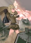  7tp blonde_hair blue_eyes brown_jacket capelet commentary explosion fourragere girls_und_panzer girls_und_panzer_ribbon_no_musha ground_vehicle highres image_sample jacket jajka_(girls_und_panzer) military military_uniform military_vehicle miniskirt motor_vehicle outstretched_arms pixiv_sample pleated_skirt riding_crop skirt solmoniq tank uniform 