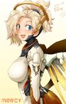  2016 armor artist_name blonde_hair blue_eyes bodysuit breasts character_name covered_nipples dated emblem from_side headgear high_collar highres large_breasts looking_at_viewer md5_mismatch mechanical_halo mechanical_wings mercy_(overwatch) meteo_snow open_mouth overwatch ponytail short_hair short_ponytail signature smile solo turtleneck upper_body wing_print wings yellow_wings 