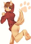  anthro blush bottomless butt cat_pose clothed clothing cub cute hoodie looking_at_viewer male mammal pose rear_view simple_background solo young サイギ 