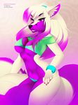  anthro big_breasts breasts canine clothed clothing female half-closed_eyes inner_ear_fluff lingerie looking_at_viewer mammal navel nipple_bulge panties sertaa simple_background skimpy solo teasing teeth tight_clothing underwear 