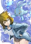  breasts gen_4_pokemon gym_leader kasumi_(pokemon) manaphy medium_breasts orange_hair pokemon pokemon_(creature) pokemon_(game) pokemon_hgss shimashima_(simasima_23) short_hair swimsuit 