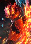  1boys abs asymmetrical_clothes cave epic fairy_tail fire flame gradient gradient_background lava looking_at_viewer male_focus multiple_boys natsu_dragneel on_fire pink_hair realistic scar solo standing veins wings 