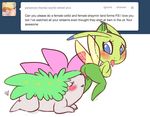  all_fours blue_eyes blush butt celebi english_text eyes_closed female female/female feral flower legendary_pok&eacute;mon looking_back nintendo open_mouth plant pok&eacute;mon pussy pussy_juice rear_view shaymin simple_background text tongue tongue_out tumblr vaginal video_games whimsydreams white_background wings 