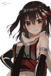  2016 artist_name bangs black_gloves black_hair blush breasts brown_hair buttons closed_mouth dated double-breasted elbow_gloves fishnets gloves hair_between_eyes hair_ornament hairpin kantai_collection koruri looking_at_viewer medium_breasts neckerchief pink_lips red_shirt remodel_(kantai_collection) scarf sendai_(kantai_collection) shirt short_hair sideboob simple_background sleeveless sleeveless_shirt smile solo tassel two_side_up upper_body white_background white_scarf 