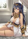  arm_guards arm_support babydoll bare_shoulders bed bed_sheet blurry bracer breasts c-string circlet cleavage closed_mouth collar collarbone depth_of_field egyptian_clothes egyptian_mythology eyeliner hair_tubes hairband hand_on_hip heterochromia horus_(houtengeki) houtengeki indoors leaning_to_the_side long_hair looking_at_viewer makeup medium_breasts navel no_pants on_bed original pink_eyes sidelocks sitting skindentation sleeveless smile solo stomach thighlet underbust window yellow_eyes yokozuwari 