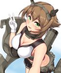  :d bangs blue_background blush breasts brown_hair chain cleavage cowboy_shot eyebrows eyebrows_visible_through_hair eyelashes from_above gloves green_eyes hair_between_eyes hairband headband headgear highres kantai_collection large_breasts looking_at_viewer machinery midriff miniskirt monoku mutsu_(kantai_collection) open_mouth outstretched_arm radio_antenna reaching_out self_shot shiny shiny_skin short_hair skirt sleeveless smile solo v white_background white_gloves 