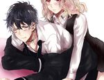  1boy 1girl arm_rest bent_over black_hair blonde_hair blush clenched_teeth diabolik_lovers ewmeto fang jacket komori_yui looking_at_another looking_at_viewer loose_clothes mukami_ruki necklace necktie one_eye_closed open_mouth pink_eyes role_reversal school_uniform sexually_suggestive shirt simple_background skirt tareme uniform white_background 