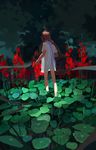  amei_zhao bad_source bare_legs barefoot brown_hair cloud cloudy_sky facing_away flower from_behind hollyhock lily_(flower) lily_pad long_hair naked_shirt night night_sky no_pants original plant purple_ribbon ribbon shirt sky solo walking 