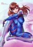  animal_print armor artist_name bangs bodysuit bokuman boots bracer breasts brown_eyes brown_hair bunny bunny_print character_name copyright_name d.va_(overwatch) facepaint facial_mark gloves hand_on_foot headphones high_collar large_breasts long_hair long_sleeves mecha meka_(overwatch) open_mouth overwatch parted_bangs pilot_suit shiny shiny_clothes shoulder_pads sitting skin_tight skindentation solo swept_bangs thigh_boots thighhighs turtleneck whisker_markings white_footwear white_gloves 