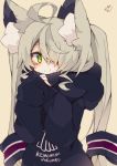  +_+ 1girl ahoge animal_ear_fluff bangs black_hoodie blush brown_background closed_mouth clothes_writing commentary_request eyebrows_visible_through_hair green_eyes grey_hair hair_over_one_eye hands_up highres hood hood_down hoodie long_hair long_sleeves looking_at_viewer muuran original romaji signature simple_background sleeves_past_wrists smile solo twintails upper_body very_long_hair 