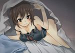  babydoll bare_shoulders bed blanket blush breasts brown_eyes brown_hair cleavage girls_und_panzer highres indoors large_breasts lying nanakagura nishizumi_maho on_side pillow ribbon-trimmed_underwear ribbon_trim short_hair smile solo under_covers underwear 