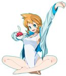  1girl bare_legs barefoot blue_eyes breasts female gym_leader kasumi_(pokemon) nintendo one-piece_swimsuit orange_hair pokeball pokemon pokemon_(game) sitting smile swimsuit 