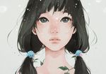  black_eyes black_hair close-up face lips nose simple_background snow solo tae twintails upper_body white_background 