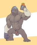  2016 abs anthro ape armpits balls beard biceps big_muscles facial_hair fur gorilla hi_res humanoid_penis male mammal muscular nipples overwatch peanut_butter pecs penis primate rrowdybeast simple_background solo video_games winston_(overwatch) 