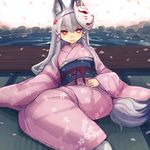  1girl animal_ears bee_(deadflow) blush concon-collector fox_ears fox_mask fox_tail grey_hair japanese_clothes kimono long_hair looking_at_viewer mask parted_lips petals red_eyes sitting smile solo tail tatami teeth water 