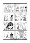  4koma ahoge bow comic commentary_request double_bun futatsuki_hisame glasses greyscale hair_between_eyes hair_over_one_eye hair_ribbon hayashimo_(kantai_collection) highres kantai_collection kiyoshimo_(kantai_collection) long_hair makigumo_(kantai_collection) monochrome multiple_4koma multiple_girls okinami_(kantai_collection) pleated_skirt ribbon school_uniform serafuku short_hair skirt translation_request twintails very_long_hair 