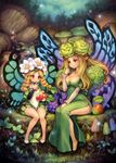  apple black_footwear blonde_hair blush braid breasts cleavage clenched_hand closed_mouth dress eating elfaria_(odin_sphere) fairy fairy_wings flower food fruit full_body grapes green_dress hair_flower hair_ornament high_heels highres large_breasts long_hair long_sleeves looking_at_another mercedes mother_and_daughter multiple_girls mushroom nut_(food) odin_sphere plant puffy_sleeves red_eyes shigatake shoes side_slit sitting twin_braids white_footwear wings 