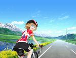  ass bicycle bike_shorts blonde_hair blue_eyes cloud day ground_vehicle highres kurata_ami long_riders! looking_back mountain rice_paddy road short_hair smile solo telephone_pole 