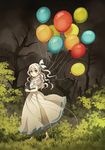  balloon bare_tree barefoot blue_eyes blue_ribbon dress from_side full_body ghost grass grey_hair hair_ribbon highres looking_at_viewer nature one_side_up original plant puffy_short_sleeves puffy_sleeves radittz ribbon short_sleeves solo tree walking wavy_hair white_dress 