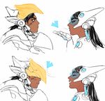  2koma black_hair blown_kiss blush comic dark_skin eye_of_horus headgear hologram laughing long_hair multiple_girls overwatch pharah_(overwatch) pydiyudie rejection sketch symmetra_(overwatch) very_dark_skin visor yuri 