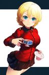  blonde_hair blue_eyes braid breasts cup darjeeling girls_und_panzer large_breasts looking_at_viewer md5_mismatch military military_jacket military_uniform pleated_skirt saucer skirt smile solo st._gloriana's_military_uniform tea teacup thighs toriyama_arare uniform 
