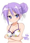  artist_name bare_shoulders bikini bikini_top blue_eyes blush breasts closed_mouth collarbone crossed_arms dated double_bun hair_ribbon hiiragi_kagami looking_at_viewer lucky_star medium_breasts pink_hair purple_hair ragho_no_erika ribbon short_hair simple_background solo star star_print swimsuit upper_body white_background white_bikini white_bikini_top white_ribbon 