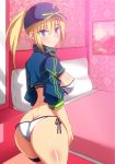 1girl ahoge artoria_pendragon_(all) ass back bangs baseball_cap bed bikini blonde_hair blue_eyes blue_hat blush breasts butt_crack closed_mouth fate/grand_order fate_(series) hair_between_eyes hat hera_(hara0742) highres hips large_breasts long_hair looking_at_viewer looking_back mysterious_heroine_xx_(foreigner) pillow ponytail shrug_(clothing) side-tie_bikini sideboob sidelocks smile swimsuit thigh_strap thighs white_bikini 