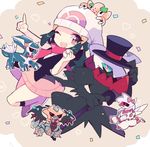  1girl artist_request bare_legs blue_eyes blue_hair claws darkrai dialga hat hikari_(pokemon) long_hair looking_at_viewer nintendo palkia pokeball pokemon regigigas skirt smile wink 