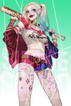  1girl baseball_bat batman_(series) blonde_hair blue_eyes blue_hair breasts dc_comics harley_quinn jacket lipstick long_hair makeup multicolored_hair suicide_squad twintails weapon 