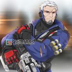  bandolier battle_rifle facial_hair gloves gun jacket male_focus manly no_mask old_man overwatch rifle scar silver_hair soldier:_76_(overwatch) sollyz solo stubble watermark weapon web_address 
