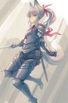  :&lt; animal_ears armor armored_boots bee_(deadflow) belt boots breastplate concon-collector fox_ears fox_tail gloves hair_ribbon knight ponytail pouch red_eyes ribbon scabbard sheath shoulder_armor sketch solo spaulders sword tail tsurime vambraces weapon white_hair 