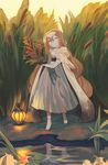  :&gt; barefoot blue_eyes blush brown_hair cattail closed_mouth collarbone dress eyebrows eyebrows_visible_through_hair flower grass gwayo hair_between_eyes head_tilt highres lantern long_hair original outdoors plant smile solo standing very_long_hair water 