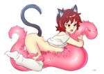  animal_ears bottomless breasts brown_eyes brown_hair cat_ears cat_tail consensual_tentacles hug original shirt_lift short_hair small_breasts solo tail tentacles typo_(requiemdusk) 