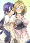  ayase_eli blonde_hair blue_eyes blue_hair blush breast_grab breasts brown_eyes gloves grabbing groping hakama japanese_clothes large_breasts love_live! love_live!_school_idol_project multiple_girls muneate partly_fingerless_gloves sonoda_umi undressing yohane yugake yuri 