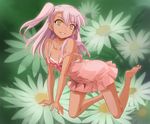  all_fours arm_support barefoot bikini_top breasts chloe_von_einzbern cleavage dark_skin fate/kaleid_liner_prisma_illya fate_(series) floral_background flower green_background grin long_hair medium_breasts miyo_(13th_floor) one_side_up pink_hair side_ponytail small_breasts smile solo strap_slip yellow_eyes 