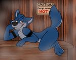  anthro bedroom_eyes bench blue_fur blush butt canine fur half-closed_eyes humor inviting looking_at_viewer male mammal nude raised_tail robbie rotten_robbie sauna seductive sign smile solo solo_focus steam wolf 