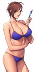  bare_shoulders bikini breasts brown_hair cleavage glasses green_eyes holding large_breasts oda_non original simple_background smile solo swimsuit white_background 