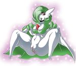  absurd_res anthro big_breasts breasts cleavage clothed clothing clothing_lift gardevoir green_hair hair hair_over_eyes hi_res nintendo pok&eacute;mon pose presenting presenting_pussy pussy red_eyes sitting skirt skirt_lift smile solo spread_legs spreading suddenhack video_games voluptuous wide_hips 