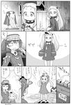  2girls admiral_(kantai_collection) arms_up bangs candle cassette_player cassette_tape collar comic commentary_request cosplay dress greyscale hand_on_own_head holding_clothes holding_hands holding_needle horns ikusotsu japanese_clothes kantai_collection kariginu long_hair magatama mittens monochrome multiple_girls needle northern_ocean_hime oversized_clothes radio ryuujou_(kantai_collection) ryuujou_(kantai_collection)_(cosplay) seiza sewing sewing_needle sitting sleeveless sleeveless_dress sleeves_past_wrists smile sweatdrop translated twintails visor_cap 