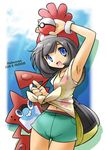 :d arm_up armpits bag bangs beanie black_hair blue_eyes blue_sky bob_cut bracelet breasts cloud copyright_name cowboy_shot day eyebrows floral_print gen_4_pokemon green_shorts hat holding holding_poke_ball jewelry legs_together looking_at_viewer mizuki_(pokemon) navel open_mouth palms pocket poke_ball poke_ball_(generic) poke_ball_theme pokemon pokemon_(creature) pokemon_(game) pokemon_sm pulled_by_self rascal red_hat rotom rotom_dex shirt shirt_lift short_hair short_sleeves shorts silhouette sky small_breasts smile solo standing stomach strap_pull swept_bangs t-shirt tareme text_focus thigh_gap tied_shirt tongue wind wind_lift yellow_shirt z-ring 