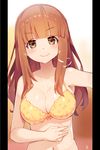  armpits artist_name bangs bare_shoulders bikini bikini_top blunt_bangs blush breasts breath brown_hair cleavage closed_mouth collarbone eyebrows eyebrows_visible_through_hair floral_print girls_und_panzer gradient gradient_background hand_on_own_stomach large_breasts light_brown_hair long_hair looking_at_viewer meth_(emethmeth) navel pillarboxed simple_background smile solo stomach swimsuit takebe_saori upper_body yellow_bikini_top 