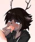  2016 anthro antlers blue_eyes blush brown_fur brown_hair cervine clothed clothing crying deer duo fur hair horn human interspecies male male/male mammal penis simple_background tears unknown_artist 