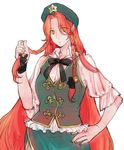  alternate_eye_color asakura_noi beret braid chinese_clothes hand_on_hip hat hong_meiling long_hair looking_at_viewer puffy_sleeves red_hair solo touhou twin_braids very_long_hair yellow_eyes 