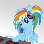  blue_feathers disc_jockey equine eyewear feathered_wings feathers female feral friendship_is_magic fur hair headphones horn horse looking_at_viewer mammal multicolored_hair my_little_pony pegasus pony ponytail rainbow_dash_(mlp) rainbow_hair record record_player solo text wings zwirzu 