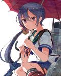  akebono_(kantai_collection) bell black_legwear blue_skirt blue_umbrella flower hair_bell hair_between_eyes hair_flower hair_ornament holding holding_umbrella itomugi-kun jingle_bell kantai_collection kneehighs long_hair looking_at_viewer machinery neck_ribbon pleated_skirt purple_eyes purple_hair red_umbrella ribbon sailor_collar school_uniform serafuku short_sleeves side_ponytail skirt solo umbrella very_long_hair 