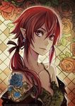  artist_name bare_shoulders blue_flower blue_rose blush breasts cleavage closed_mouth collarbone earrings flower head_tilt jewelry long_hair original pink_eyes pointy_ears ponytail radittz red_hair rose small_breasts solo tank_top tattoo upper_body watermark web_address 