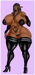  1girl abs black_hair breasts curvy dark_skin earrings eigaka elf female gigantic_breasts high_heels looking_at_viewer nail_polish orange_eyes pasties pointy_ears shiny_skin simple_background solo thick_thighs thigh_boots toned venus_symbol wide_hips 
